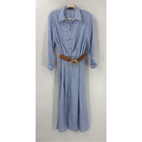 Zara Dresses & Skirts - Zara linen blend striped midi/maxi length belted dress L